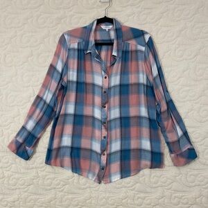 Northern Reflections Plaid Shirt in Blue and Pink with Roll Tab Sleeves